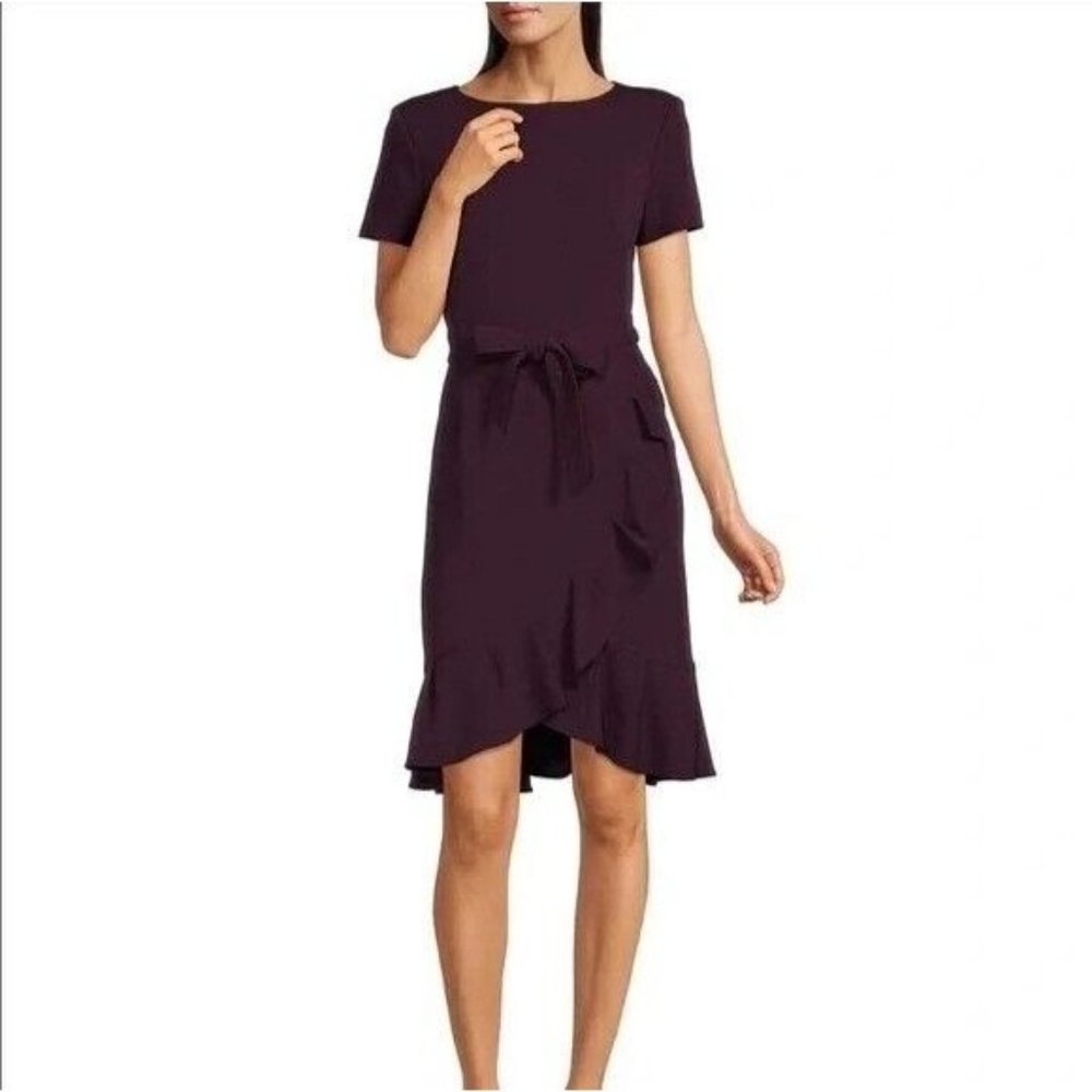 Calvin Klein Short Sleeve Ruffled Belted Tulip-Hem Faux Wrap Dress 16